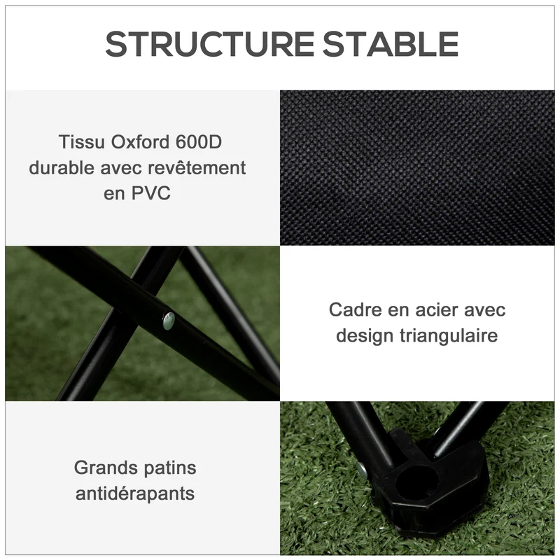 Chaise de camping pliable 61 x 54 x 66 cm ultralégère avec sac transport et poche latérale design en tissu oxford noir 21_0006472