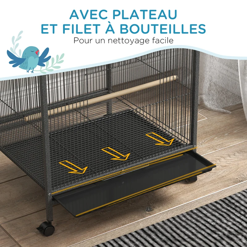 Cage à oiseaux sur roulettes salon 48 x 46 x 78 cm plateau coulissant avec perchoirs moderne contemporain en acier gris 21_0007582