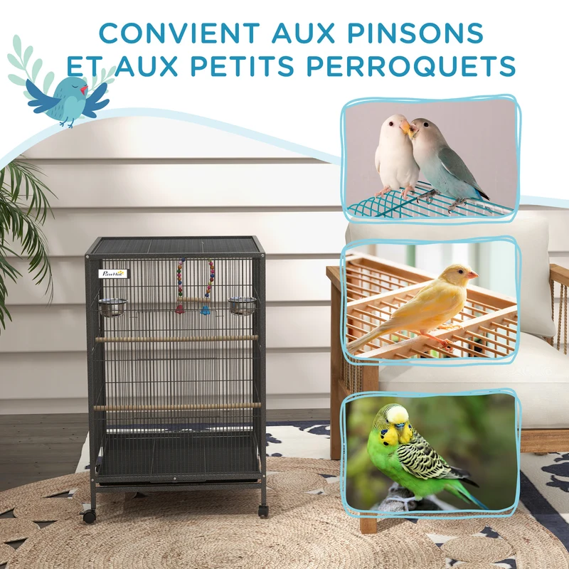 Cage à oiseaux sur roulettes salon 48 x 46 x 78 cm plateau coulissant avec perchoirs moderne contemporain en acier gris 21_0007582