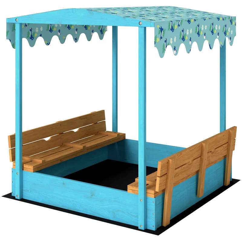 Bac à sable enfant extérieur 134.5 x 127.5 x 130 cm bancs repliables ombrage style scandinave en bois de sapin bleu 21_0000356