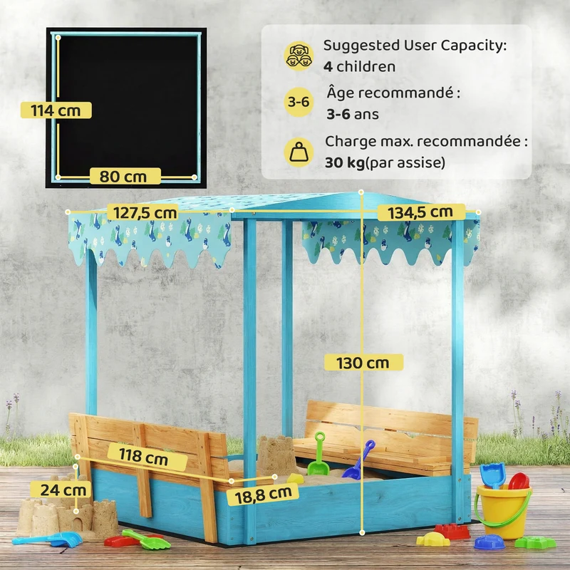 Bac à sable enfant extérieur 134.5 x 127.5 x 130 cm bancs repliables ombrage style scandinave en bois de sapin bleu 21_0000356