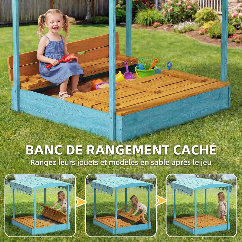 Bac à sable enfant extérieur 134.5 x 127.5 x 130 cm bancs repliables ombrage style scandinave en bois de sapin bleu 21_0000356