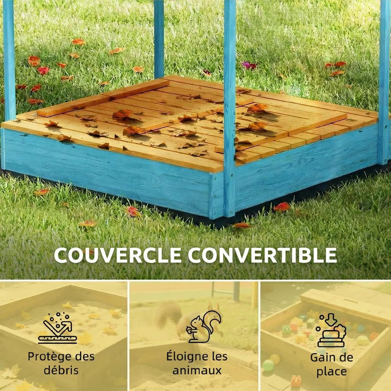 Bac à sable enfant extérieur 134.5 x 127.5 x 130 cm bancs repliables ombrage style scandinave en bois de sapin bleu 21_0000356