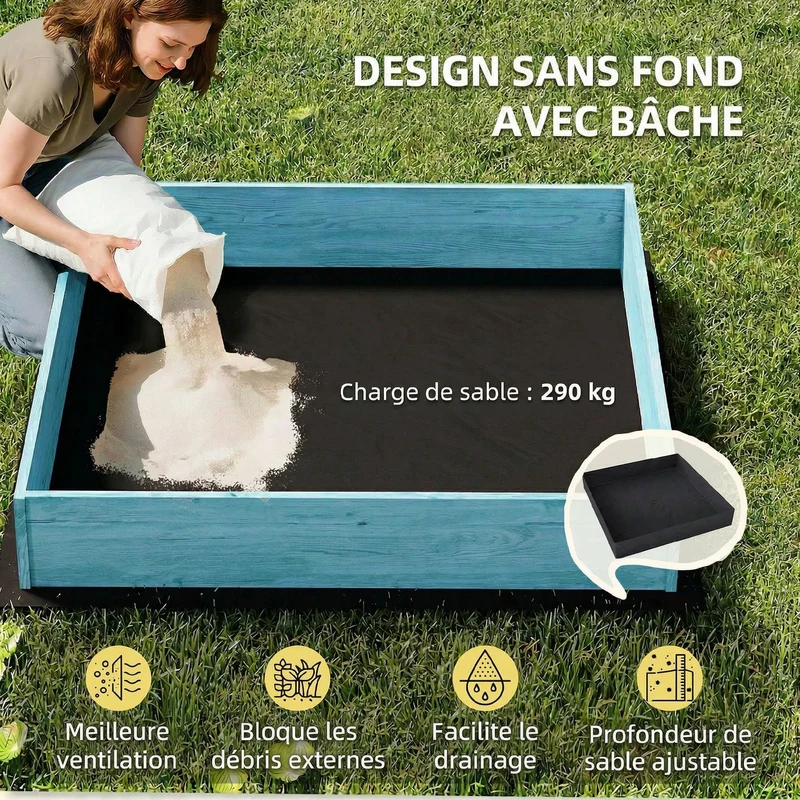 Bac à sable enfant extérieur 134.5 x 127.5 x 130 cm bancs repliables ombrage style scandinave en bois de sapin bleu 21_0000356