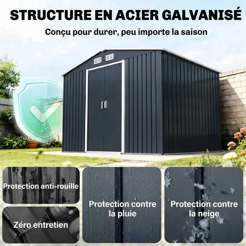 Abri de jardin grand rangement 277 x 195 x 192 cm porte coulissante ventilée industriel en acier galvanisé gris foncé 21_0004033