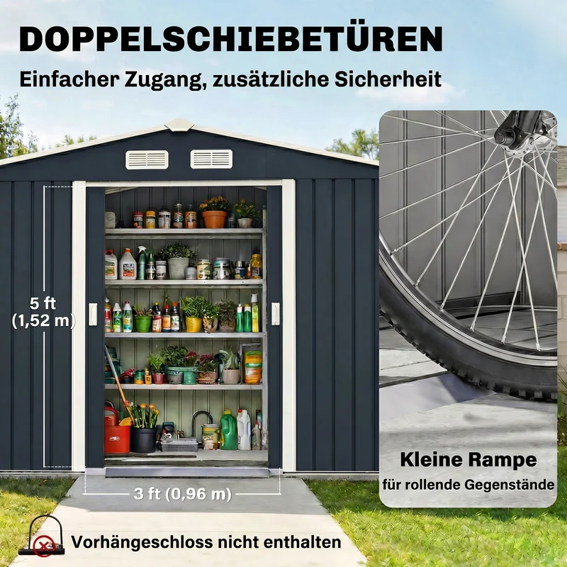 Abri de jardin grand rangement 277 x 195 x 192 cm porte coulissante ventilée industriel en acier galvanisé gris foncé 21_0004033