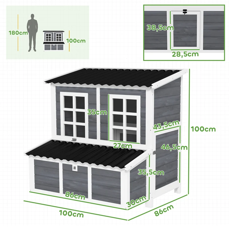 Poulailler xl jardin 100 x 86 x 100 cm nichoir 3 compartiments et tiroir amovible style rustique en bois gris clair 21_0007994