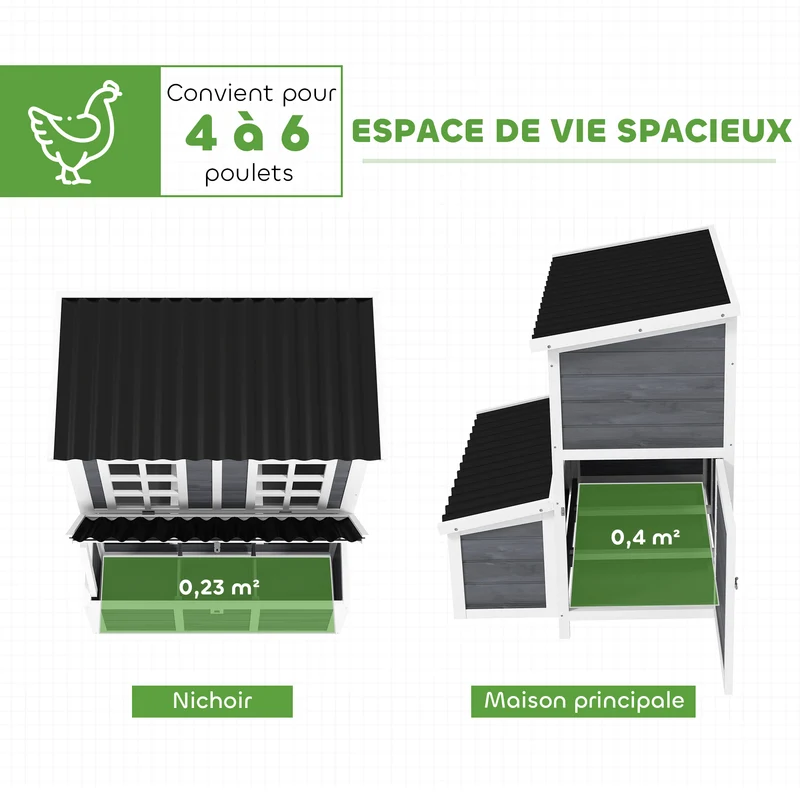 Poulailler xl jardin 100 x 86 x 100 cm nichoir 3 compartiments et tiroir amovible style rustique en bois gris clair 21_0007994
