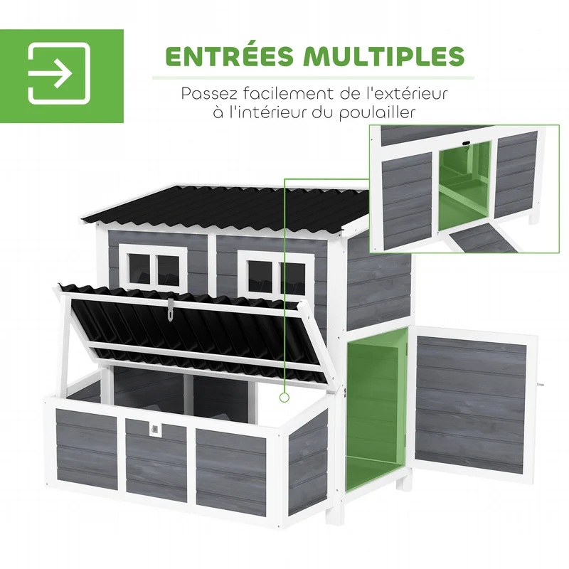 Poulailler xl jardin 100 x 86 x 100 cm nichoir 3 compartiments et tiroir amovible style rustique en bois gris clair 21_0007994