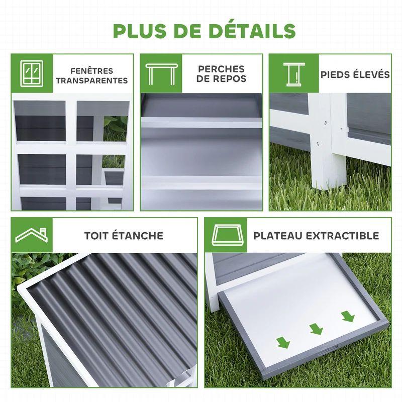 Poulailler xl jardin 100 x 86 x 100 cm nichoir 3 compartiments et tiroir amovible style rustique en bois gris clair 21_0007994