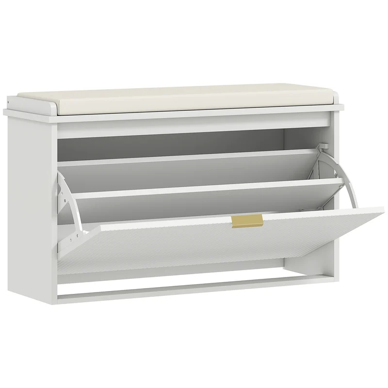 Banc à chaussures d'entrée 80 x 26 x 47,5 cm assise rembourrée et tiroir basculant style épuré contemporain en MDF blanc 21_0002739
