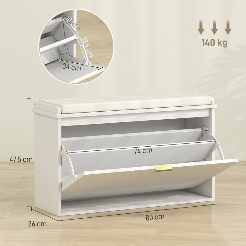 Banc à chaussures d'entrée 80 x 26 x 47,5 cm assise rembourrée et tiroir basculant style épuré contemporain en MDF blanc 21_0002739