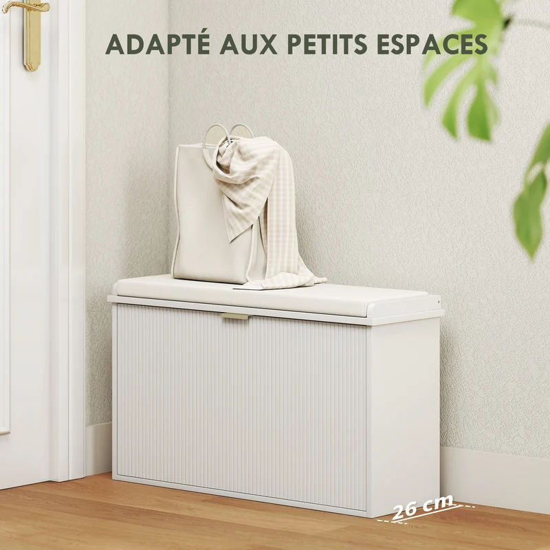 Banc à chaussures d'entrée 80 x 26 x 47,5 cm assise rembourrée et tiroir basculant style épuré contemporain en MDF blanc 21_0002739