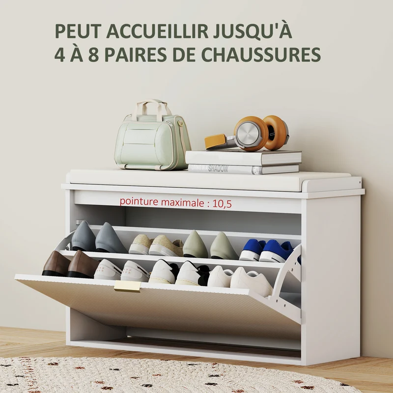Banc à chaussures d'entrée 80 x 26 x 47,5 cm assise rembourrée et tiroir basculant style épuré contemporain en MDF blanc 21_0002739