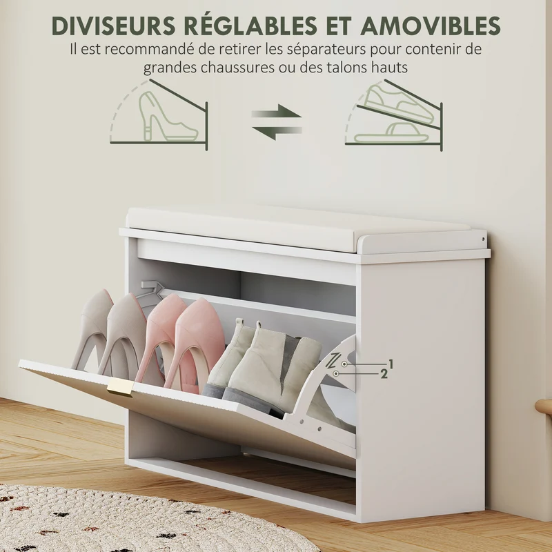 Banc à chaussures d'entrée 80 x 26 x 47,5 cm assise rembourrée et tiroir basculant style épuré contemporain en MDF blanc 21_0002739