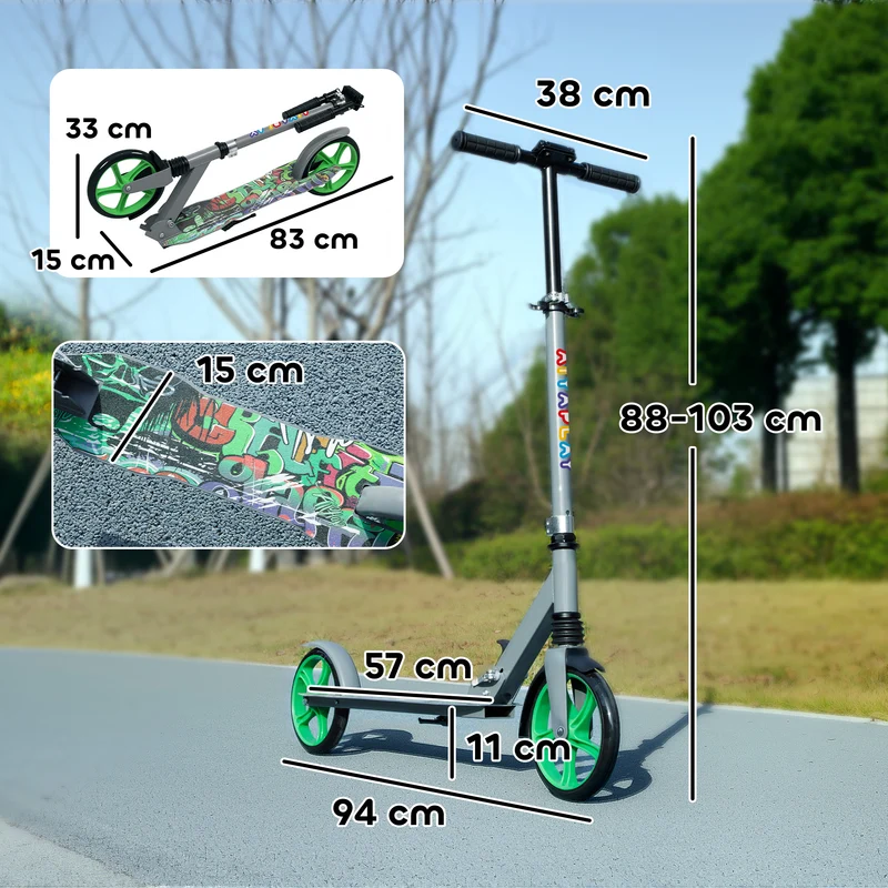 Trottinette enfant pliable réglable pour 6-12 ans 94 x 38 x 88-103 cm frein arrière fourche amortie moderne en PP vert 21_0000688