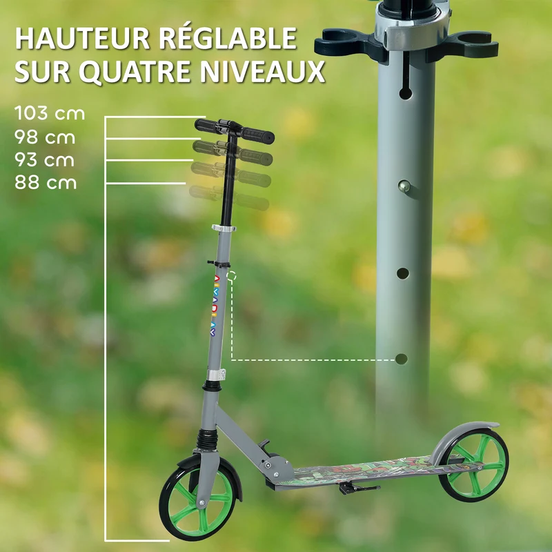 Trottinette enfant pliable réglable pour 6-12 ans 94 x 38 x 88-103 cm frein arrière fourche amortie moderne en PP vert 21_0000688