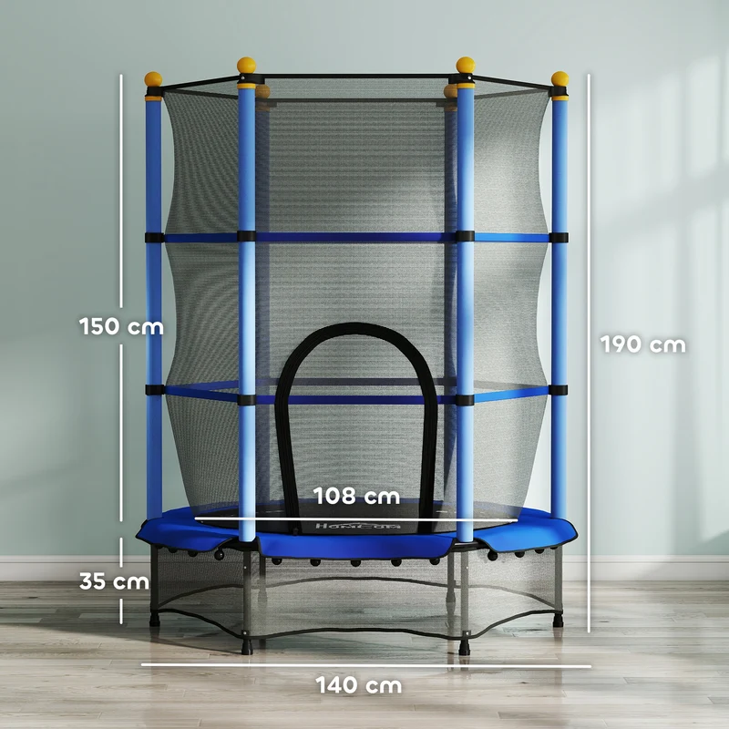Trampoline pour enfants rond 140 x 190 cm filet de sécurité porte zippée moderne contemporain en acier galvanisé bleu 21_0000334