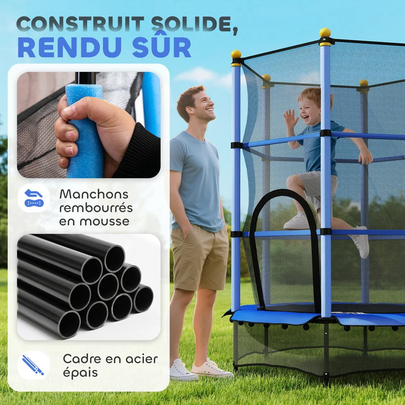 Trampoline pour enfants rond 140 x 190 cm filet de sécurité porte zippée moderne contemporain en acier galvanisé bleu 21_0000334