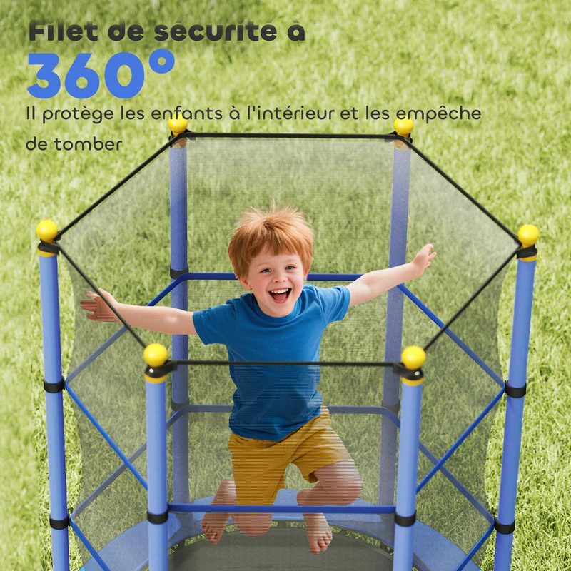 Trampoline pour enfants rond 140 x 190 cm filet de sécurité porte zippée moderne contemporain en acier galvanisé bleu 21_0000334