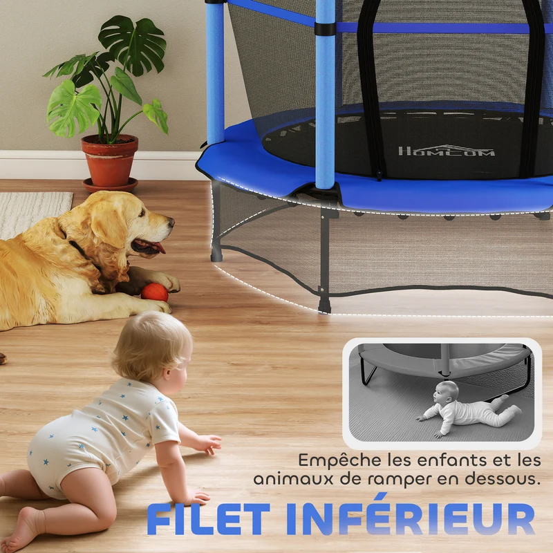 Trampoline pour enfants rond 140 x 190 cm filet de sécurité porte zippée moderne contemporain en acier galvanisé bleu 21_0000334