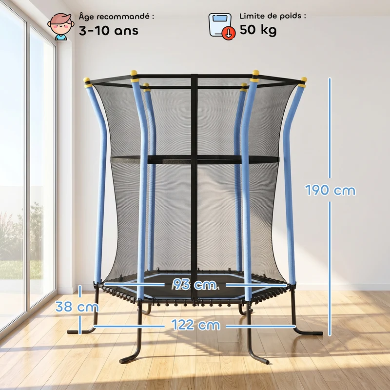 Trampoline pour enfant rond 163 x 190 x 38 cm porte zippée sécurité renforcée dès 3 ans style moderne en acier bleu 21_0000330