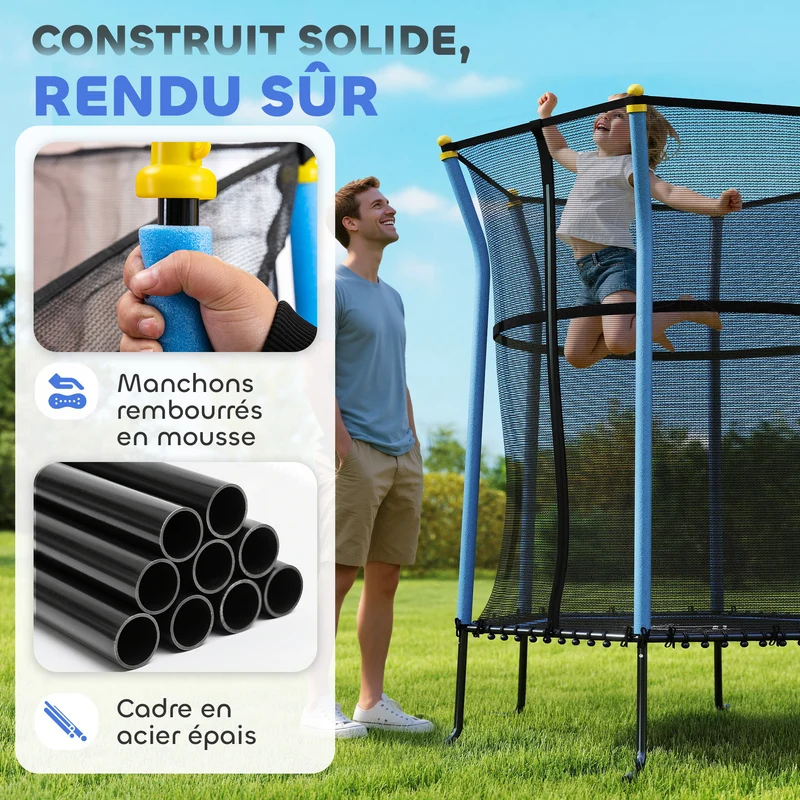 Trampoline pour enfant rond 163 x 190 x 38 cm porte zippée sécurité renforcée dès 3 ans style moderne en acier bleu 21_0000330