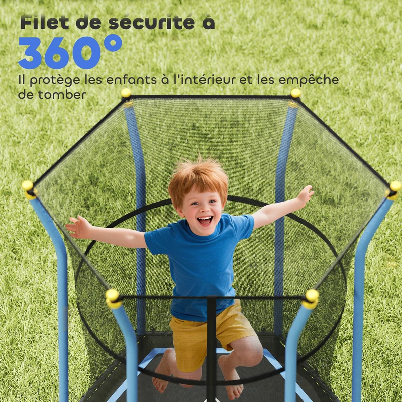 Trampoline pour enfant rond 163 x 190 x 38 cm porte zippée sécurité renforcée dès 3 ans style moderne en acier bleu 21_0000330
