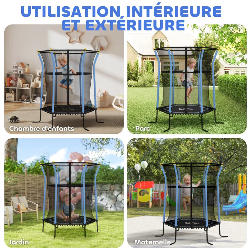 Trampoline pour enfant rond 163 x 190 x 38 cm porte zippée sécurité renforcée dès 3 ans style moderne en acier bleu 21_0000330