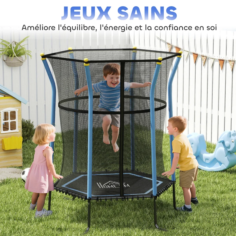 Trampoline pour enfant rond 163 x 190 x 38 cm porte zippée sécurité renforcée dès 3 ans style moderne en acier bleu 21_0000330