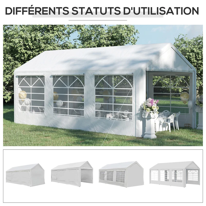 Tonnelle de jardin 3 parties pour réception 600 x 300 x 280 cm abri voiture et fête style moderne en polyéthylène blanc 21_0004777