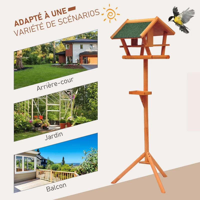 Mangeoire pour oiseaux sur pied abri nichoir plateau jardin 42 x 40,5 x 150 cm plateforme stable rustique en bois marron 21_0007551