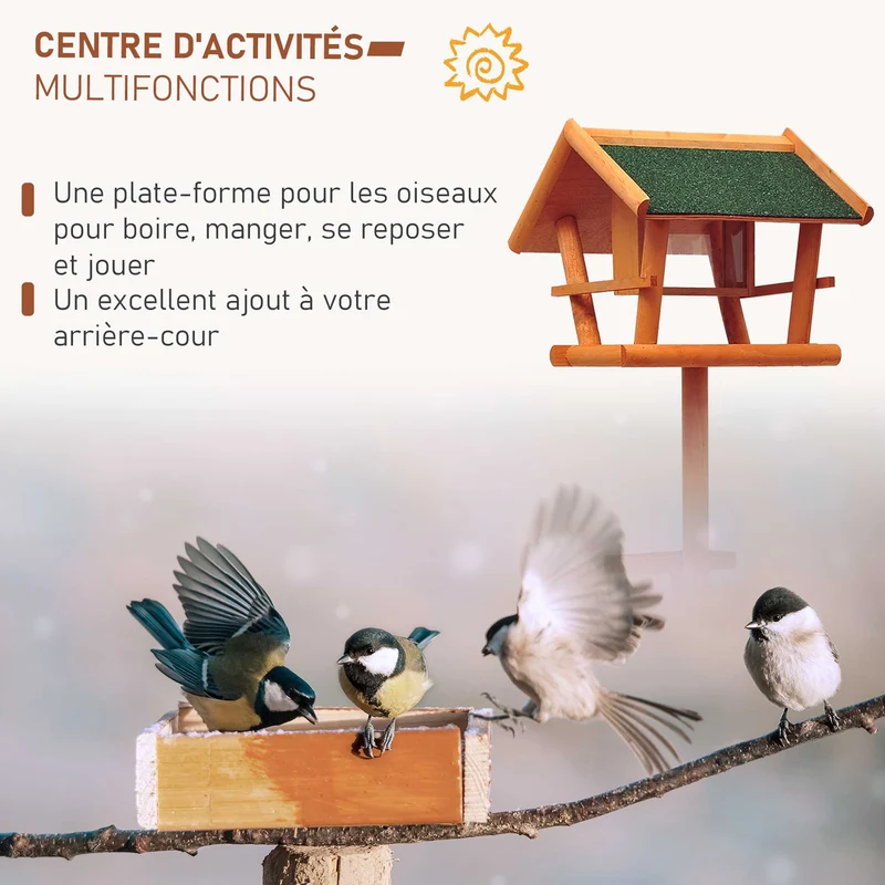 Mangeoire pour oiseaux sur pied abri nichoir plateau jardin 42 x 40,5 x 150 cm plateforme stable rustique en bois marron 21_0007551