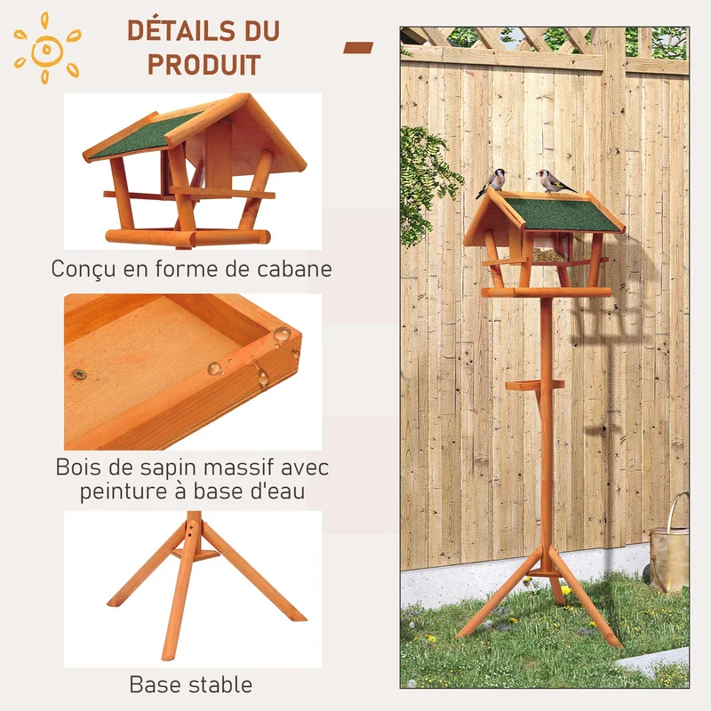 Mangeoire pour oiseaux sur pied abri nichoir plateau jardin 42 x 40,5 x 150 cm plateforme stable rustique en bois marron 21_0007551