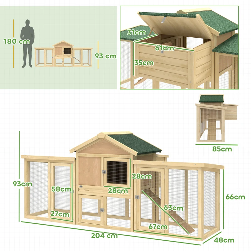 Poulailler chalet 204 x 85 x 93 cm capacité 2 à 4 poules sécurisé double aire de jeu style rustique en bois naturel 21_0007859