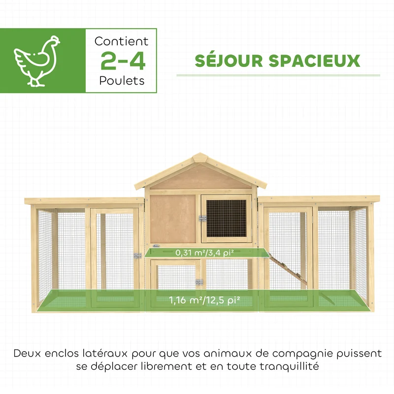 Poulailler chalet 204 x 85 x 93 cm capacité 2 à 4 poules sécurisé double aire de jeu style rustique en bois naturel 21_0007859