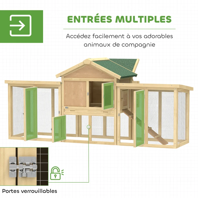Poulailler chalet 204 x 85 x 93 cm capacité 2 à 4 poules sécurisé double aire de jeu style rustique en bois naturel 21_0007859