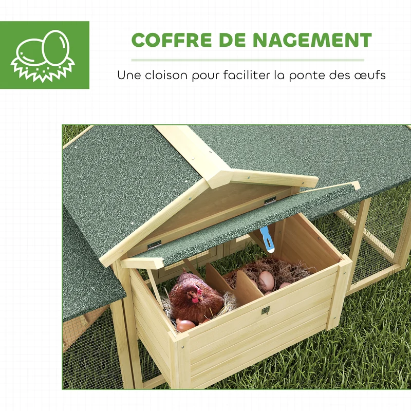 Poulailler chalet 204 x 85 x 93 cm capacité 2 à 4 poules sécurisé double aire de jeu style rustique en bois naturel 21_0007859