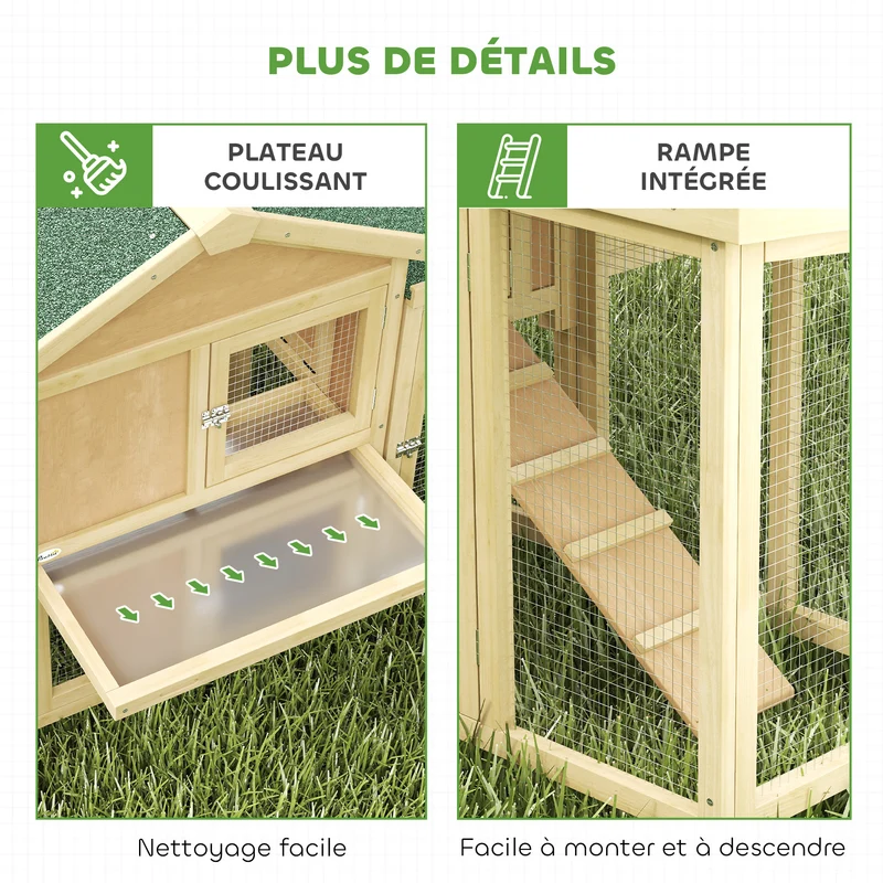 Poulailler chalet 204 x 85 x 93 cm capacité 2 à 4 poules sécurisé double aire de jeu style rustique en bois naturel 21_0007859