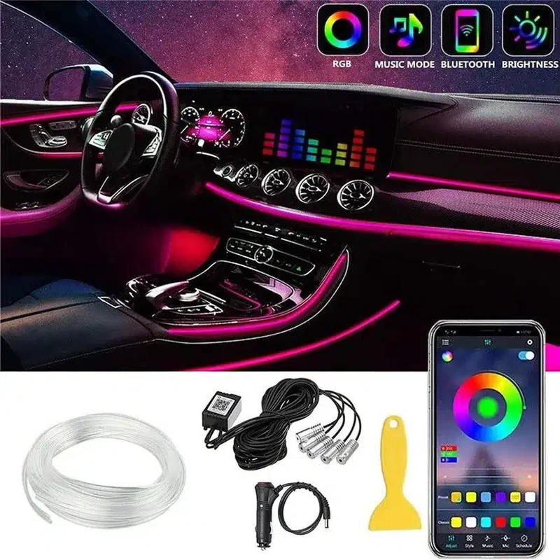 Kit d'éclairage d'ambiance LED multicolore fibre optique 5-en-1 intérieur voiture