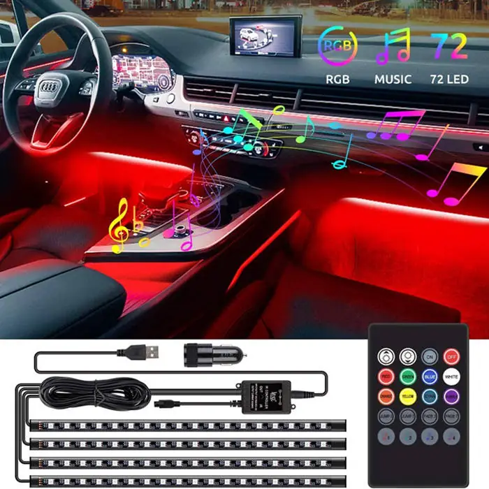 Lumière d'ambiance voiture 72 LED RGB intérieur multicolore