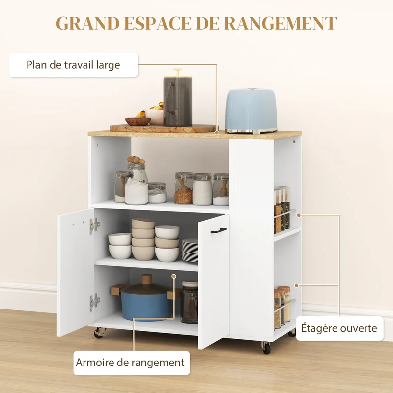 Desserte de cuisine îlot central 75 x 40 x 80,5 cm rangement modulable roulettes moderne en panneau de particules blanc 21_0001040