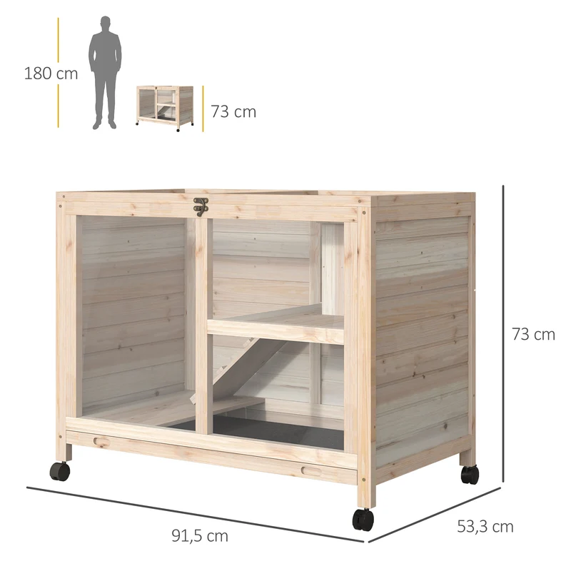 Clapier pour lapins intérieur deux étages 91.5 x 53.3 x 73 cm sur roulettes scandinave épuré en bois de sapin naturel 21_0007891