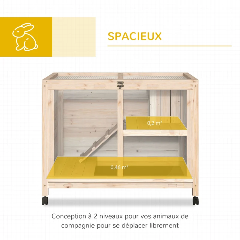 Clapier pour lapins intérieur deux étages 91.5 x 53.3 x 73 cm sur roulettes scandinave épuré en bois de sapin naturel 21_0007891