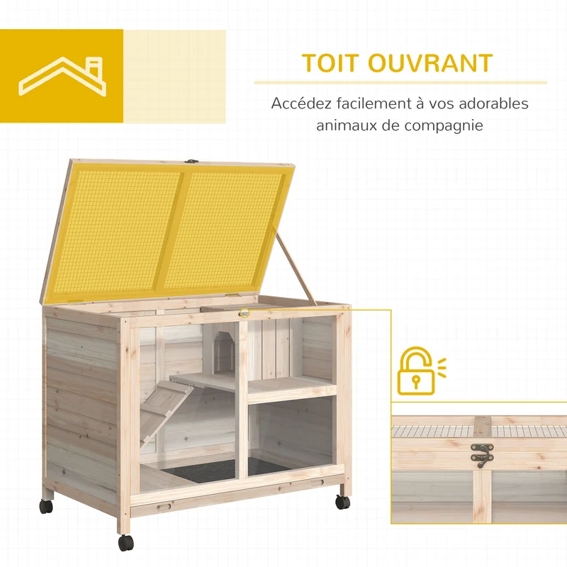 Clapier pour lapins intérieur deux étages 91.5 x 53.3 x 73 cm sur roulettes scandinave épuré en bois de sapin naturel 21_0007891