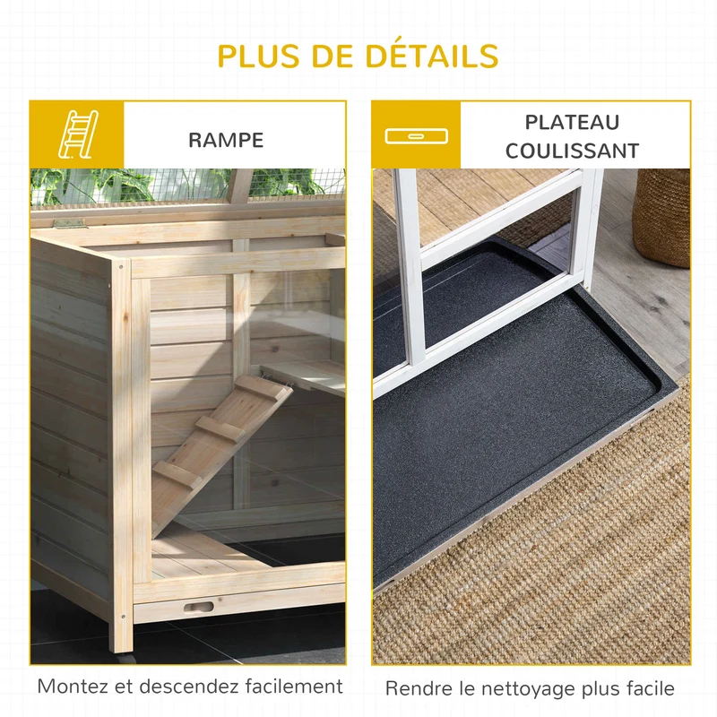 Clapier pour lapins intérieur deux étages 91.5 x 53.3 x 73 cm sur roulettes scandinave épuré en bois de sapin naturel 21_0007891