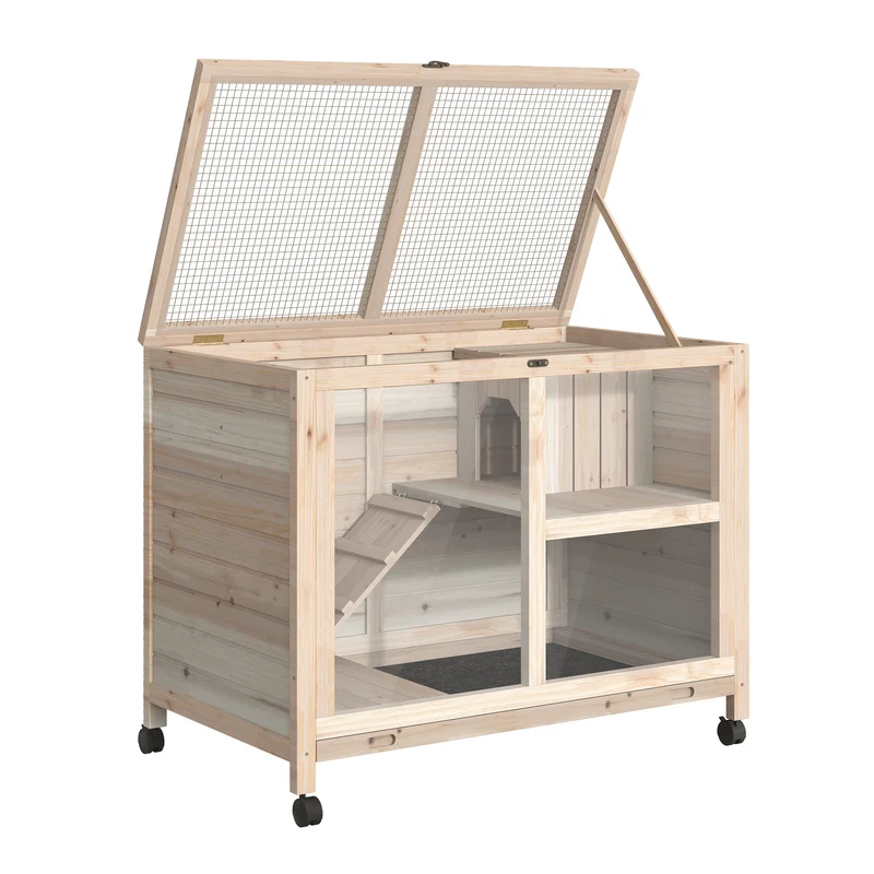Clapier pour lapins intérieur deux étages 91.5 x 53.3 x 73 cm sur roulettes scandinave épuré en bois de sapin naturel 21_0007891