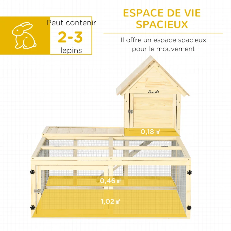 Clapier pour lapins 2 niveaux extérieur 151,5 x 106 x 97 cm rampe antidérapante rustique 2 à 3 lapins en bois naturel 21_0007955