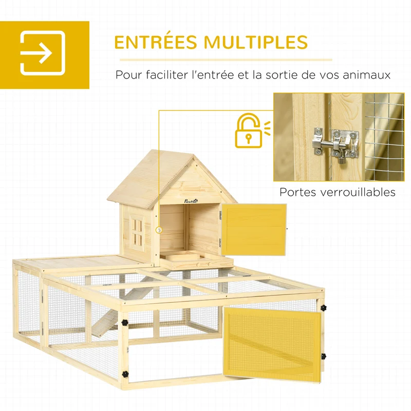 Clapier pour lapins 2 niveaux extérieur 151,5 x 106 x 97 cm rampe antidérapante rustique 2 à 3 lapins en bois naturel 21_0007955