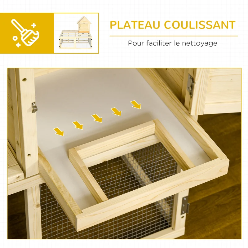 Clapier pour lapins 2 niveaux extérieur 151,5 x 106 x 97 cm rampe antidérapante rustique 2 à 3 lapins en bois naturel 21_0007955